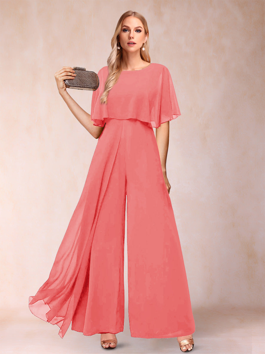 A-Line/Princess Scoop Short Sleeves Jumpsuits with Watteau Train