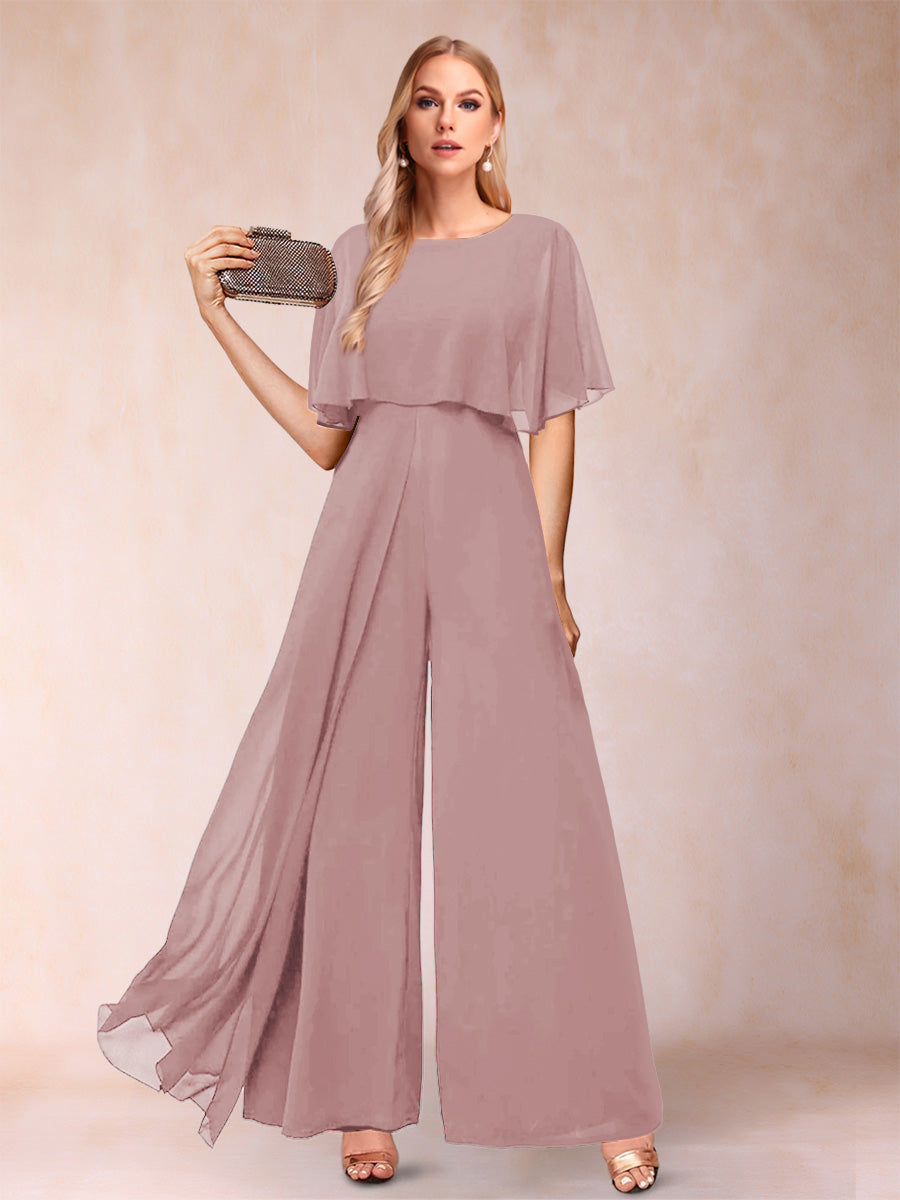 A-Line/Princess Scoop Short Sleeves Jumpsuits with Watteau Train