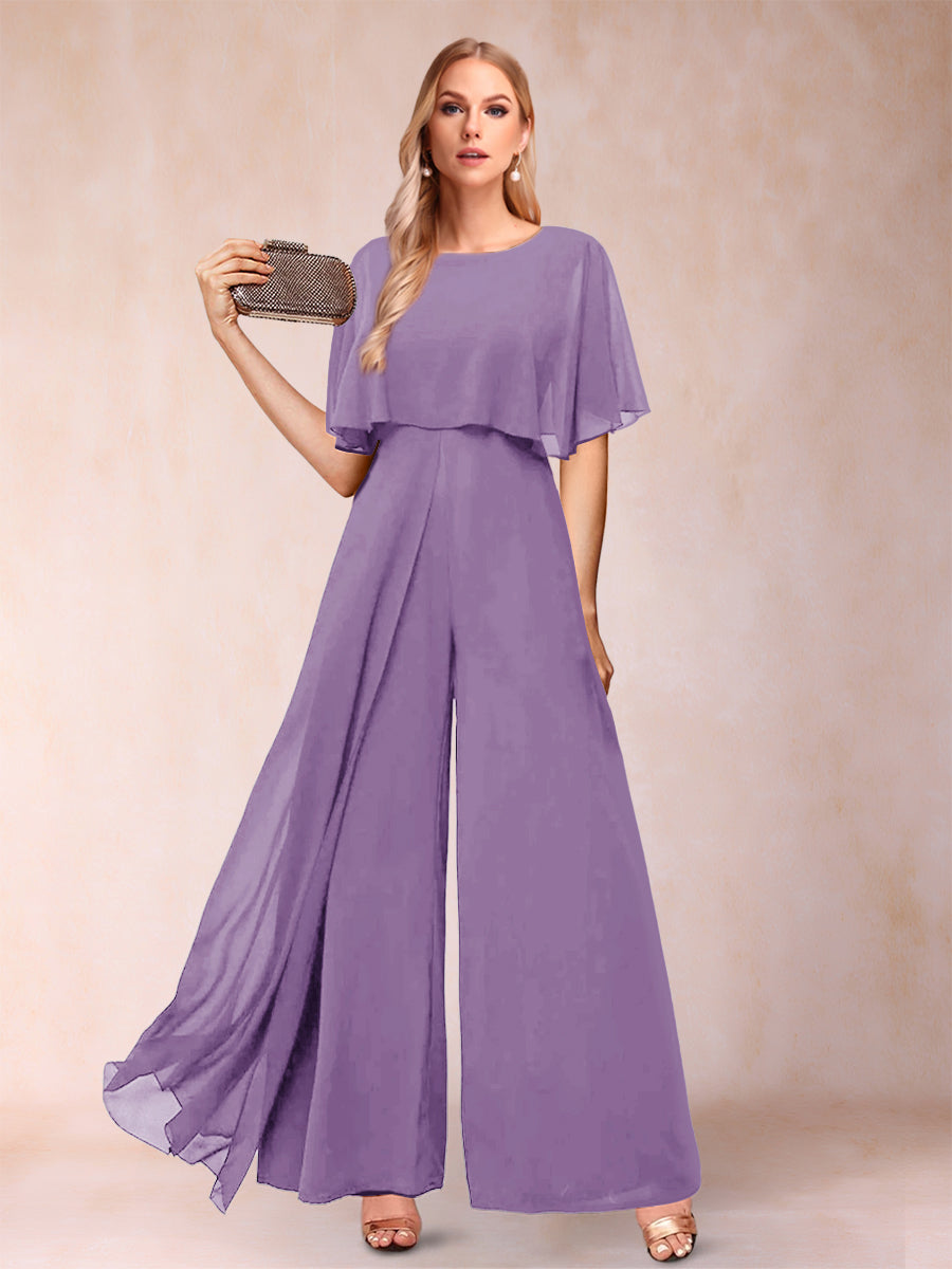 A-Line/Princess Scoop Short Sleeves Jumpsuits with Watteau Train