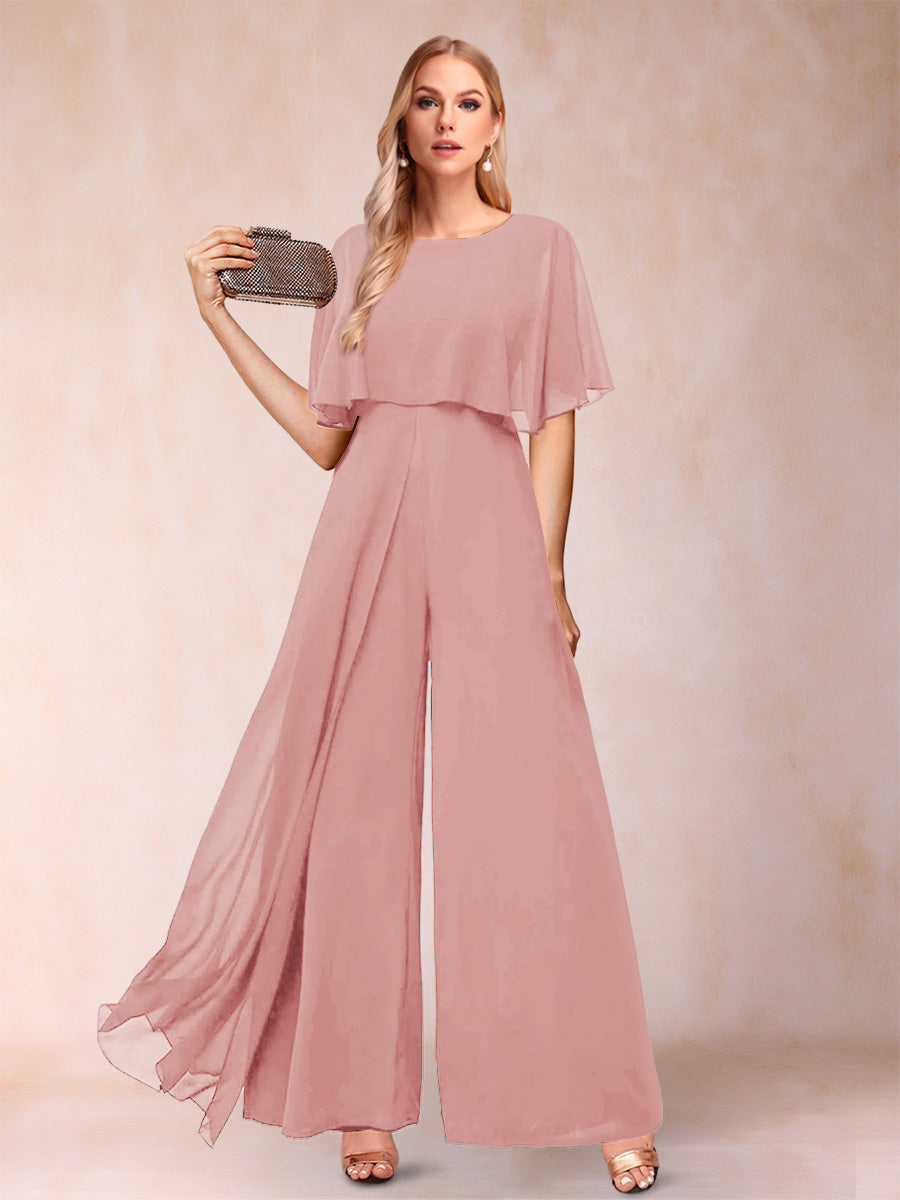 A-Line/Princess Scoop Short Sleeves Jumpsuits with Watteau Train