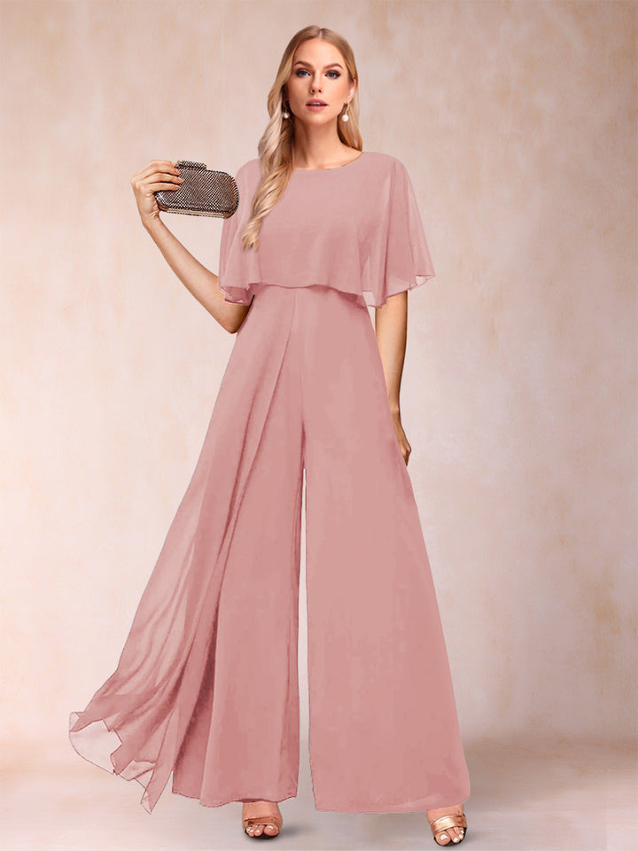 A-Line/Princess Scoop Short Sleeves Jumpsuits with Watteau Train