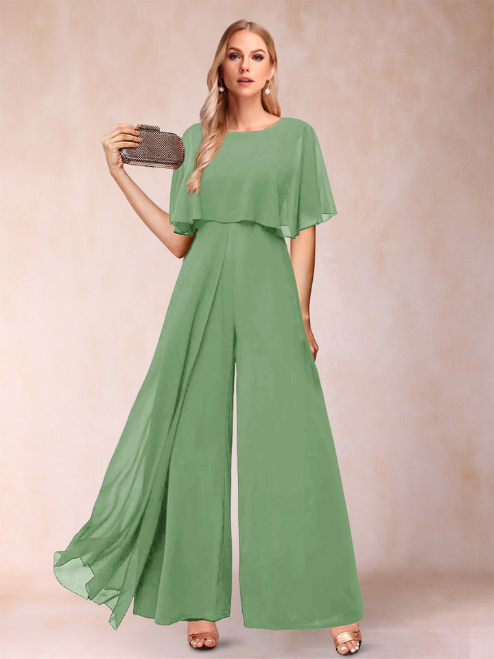 A-Line/Princess Scoop Short Sleeves Jumpsuits with Watteau Train