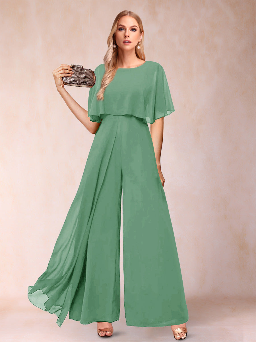 A-Line/Princess Scoop Short Sleeves Jumpsuits with Watteau Train