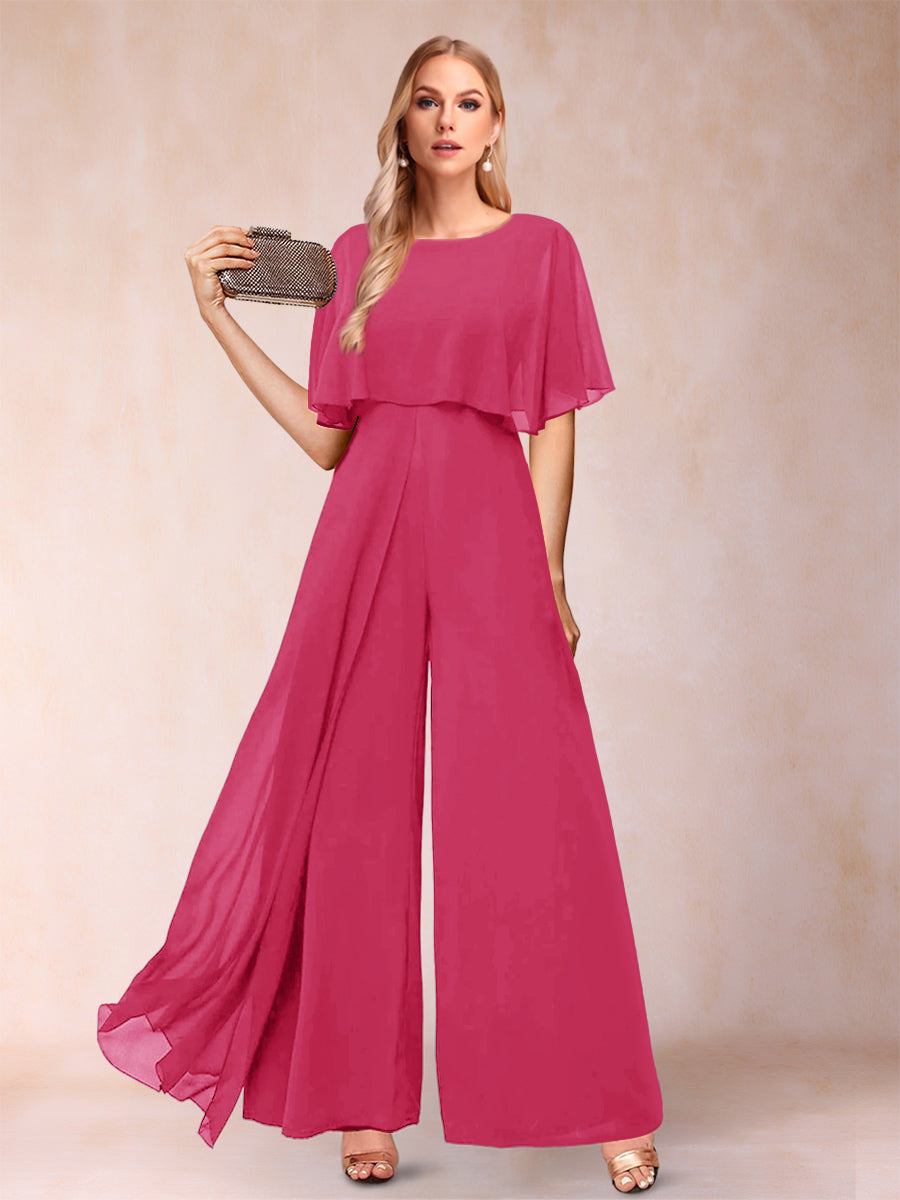 A-Line/Princess Scoop Short Sleeves Jumpsuits with Watteau Train