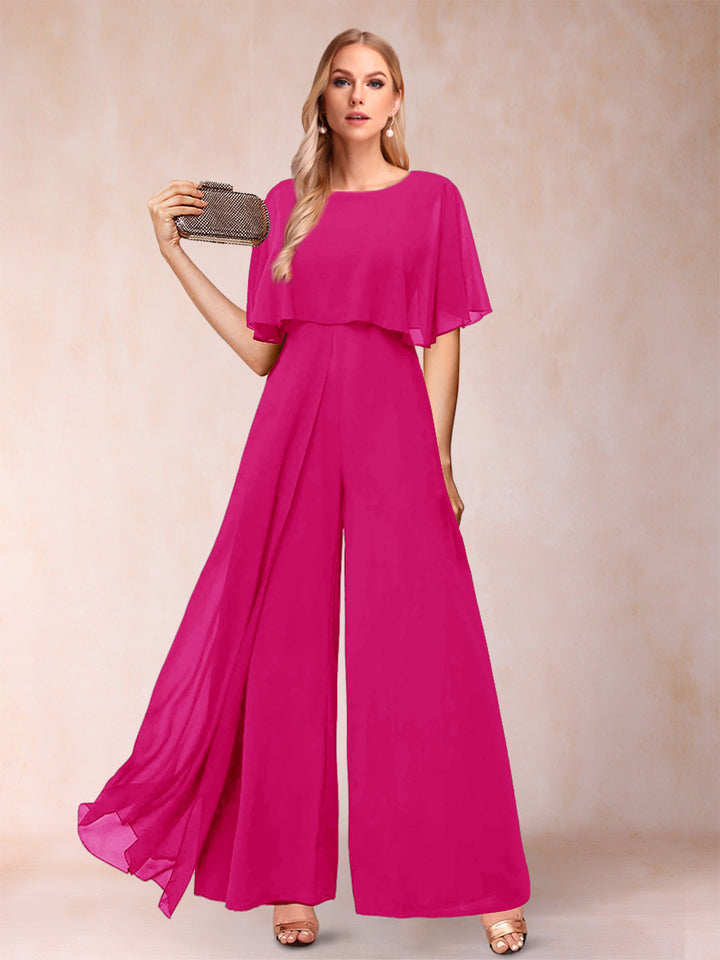 A-Line/Princess Scoop Short Sleeves Jumpsuits with Watteau Train