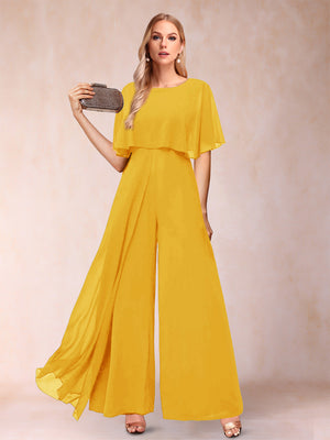 A-Line/Princess Scoop Short Sleeves Pantsuits with Watteau Train