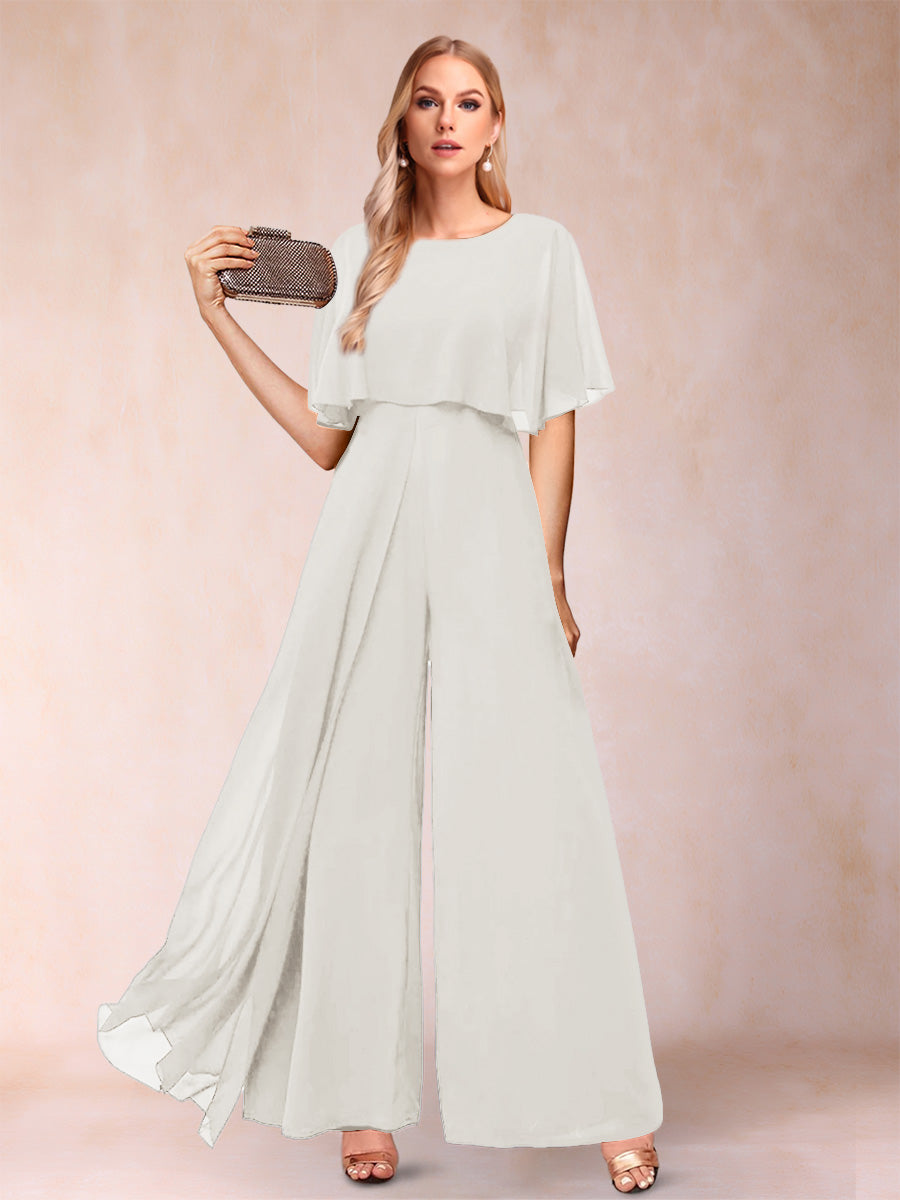A-Line/Princess Scoop Short Sleeves Jumpsuits with Watteau Train