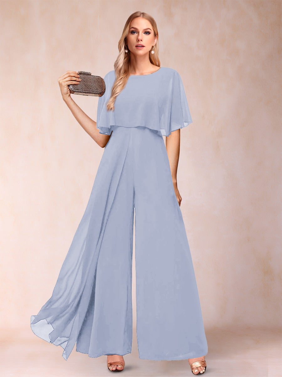 A-Line/Princess Scoop Short Sleeves Jumpsuits with Watteau Train