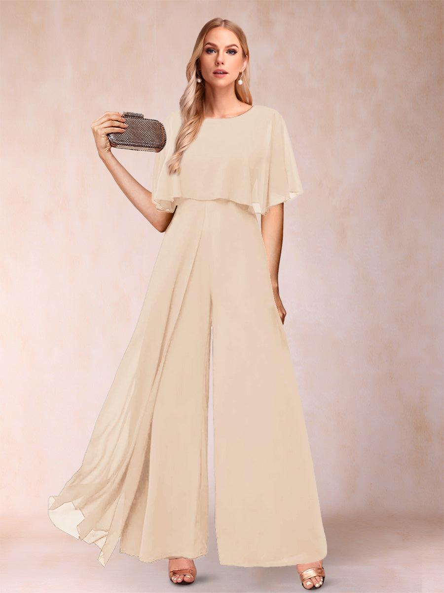 A-Line/Princess Scoop Short Sleeves Jumpsuits with Watteau Train