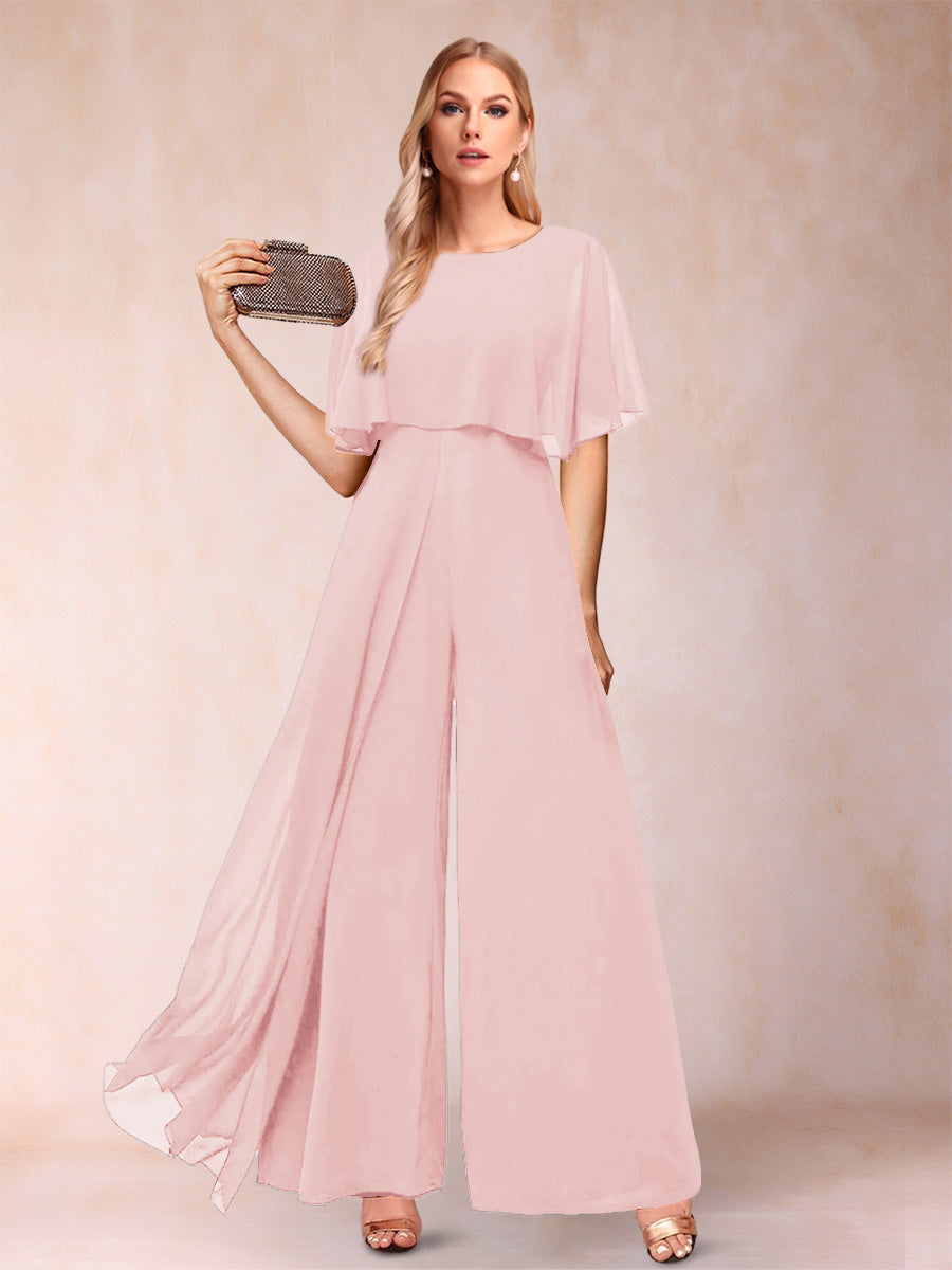 A-Line/Princess Scoop Short Sleeves Jumpsuits with Watteau Train