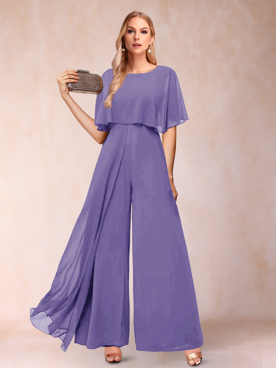 A-Line/Princess Scoop Short Sleeves Jumpsuits with Watteau Train