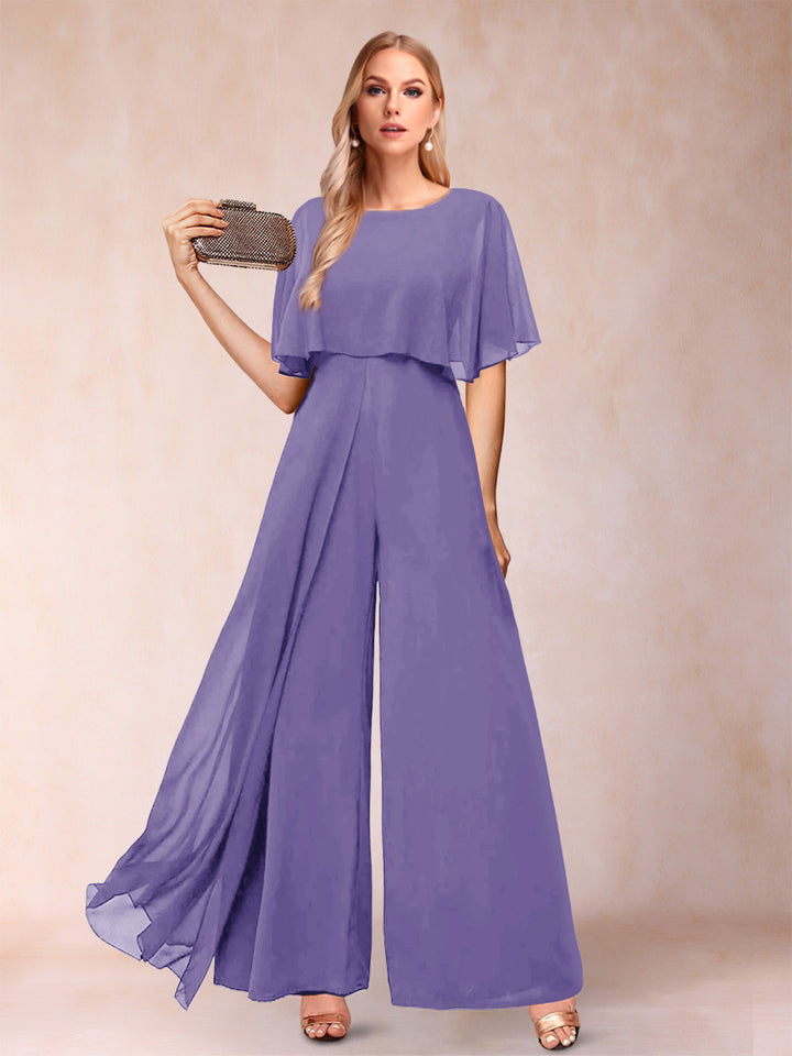 A-Line/Princess Scoop Short Sleeves Jumpsuits with Watteau Train