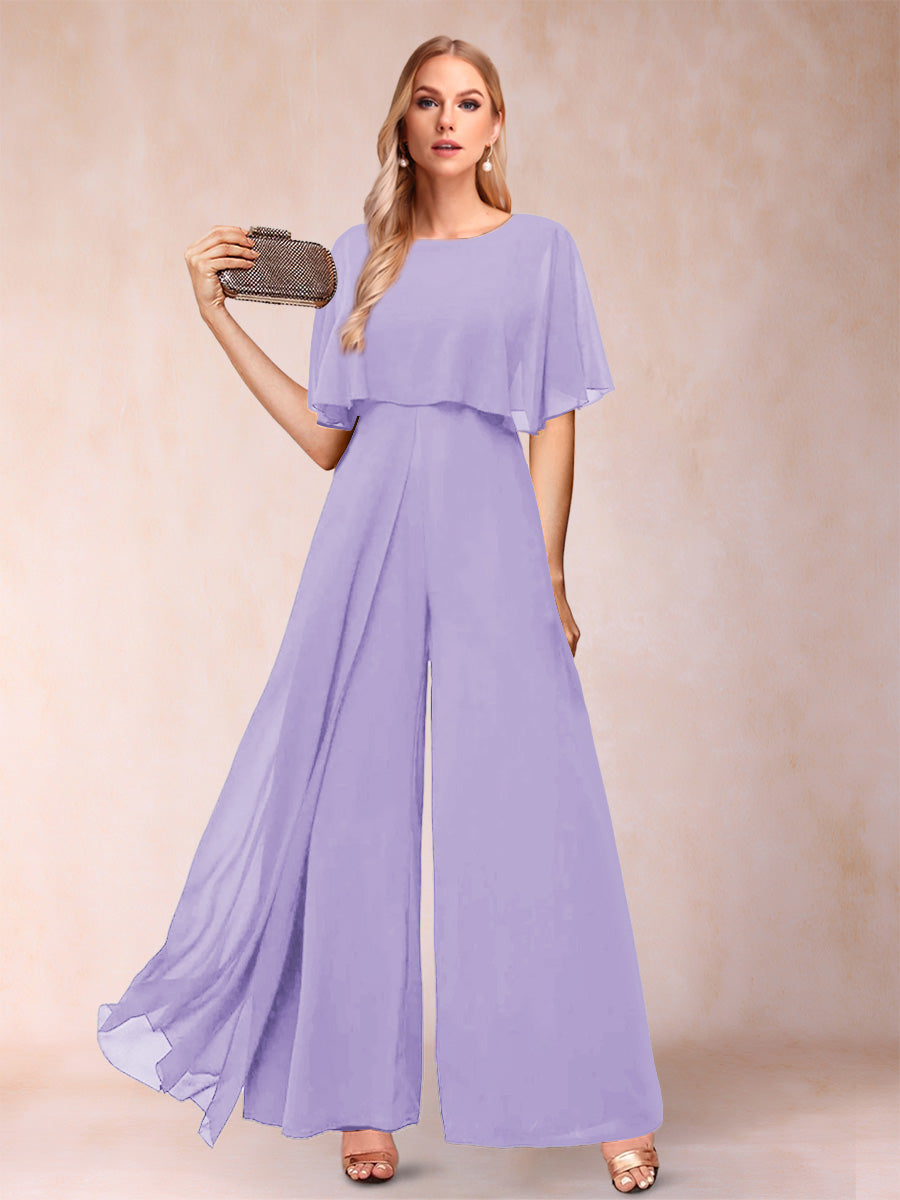 A-Line/Princess Scoop Short Sleeves Jumpsuits with Watteau Train