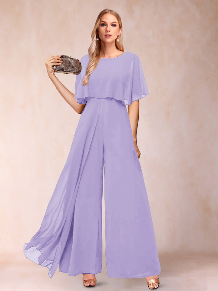 A-Line/Princess Scoop Short Sleeves Jumpsuits with Watteau Train