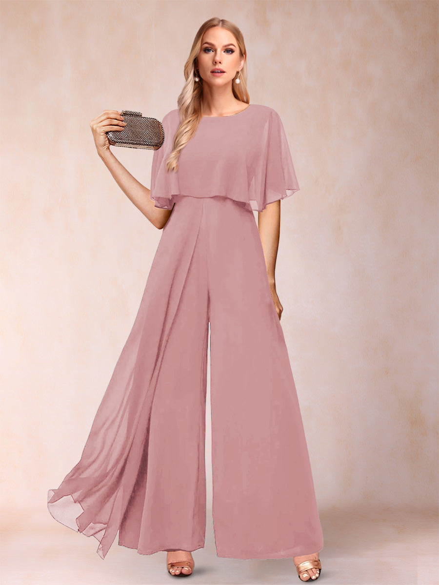 A-Line/Princess Scoop Short Sleeves Jumpsuits with Watteau Train