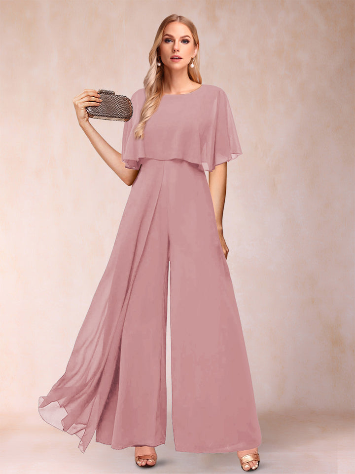 A-Line/Princess Scoop Short Sleeves Jumpsuits with Watteau Train