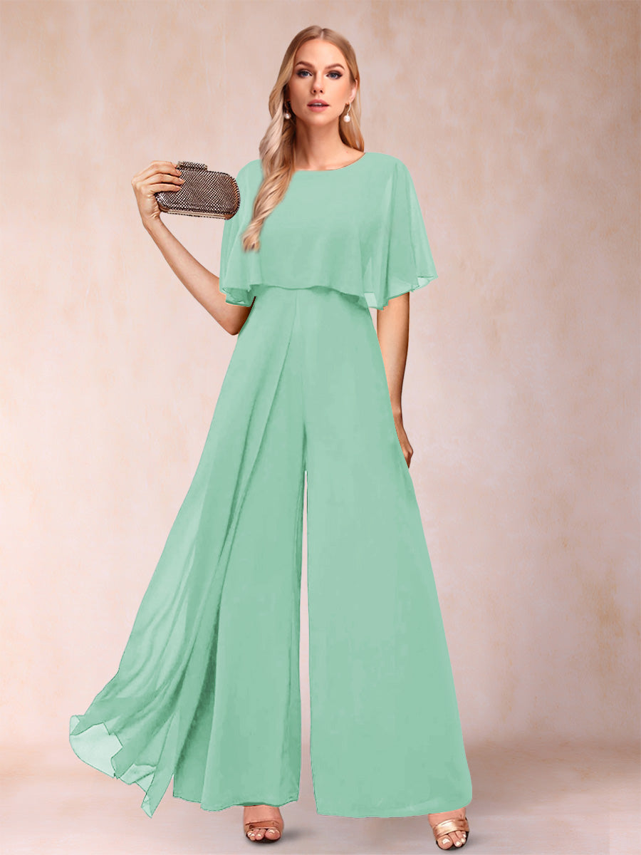 A-Line/Princess Scoop Short Sleeves Jumpsuits with Watteau Train