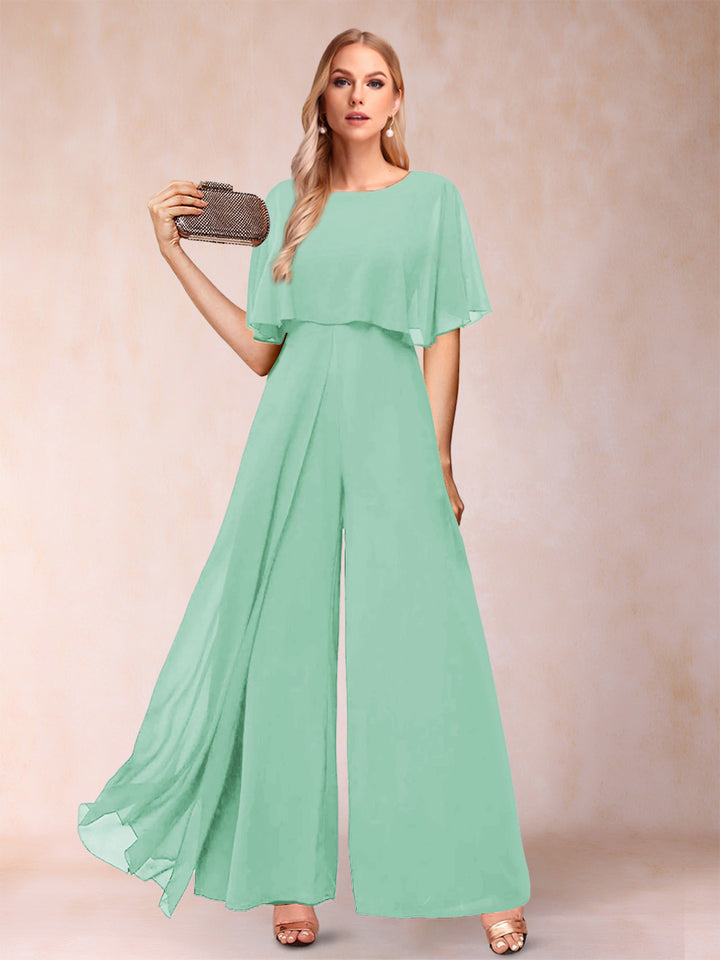 A-Line/Princess Scoop Short Sleeves Jumpsuits with Watteau Train