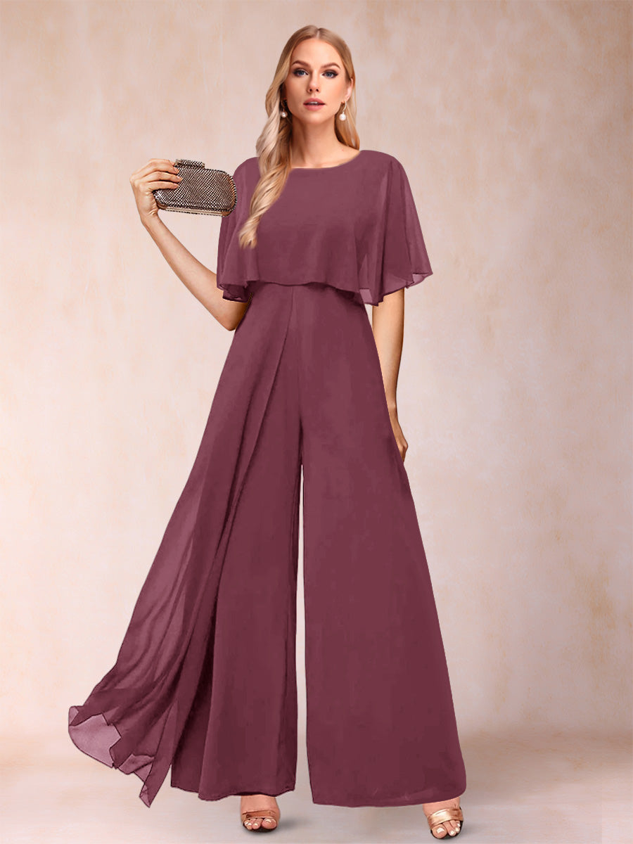 A-Line/Princess Scoop Short Sleeves Jumpsuits with Watteau Train
