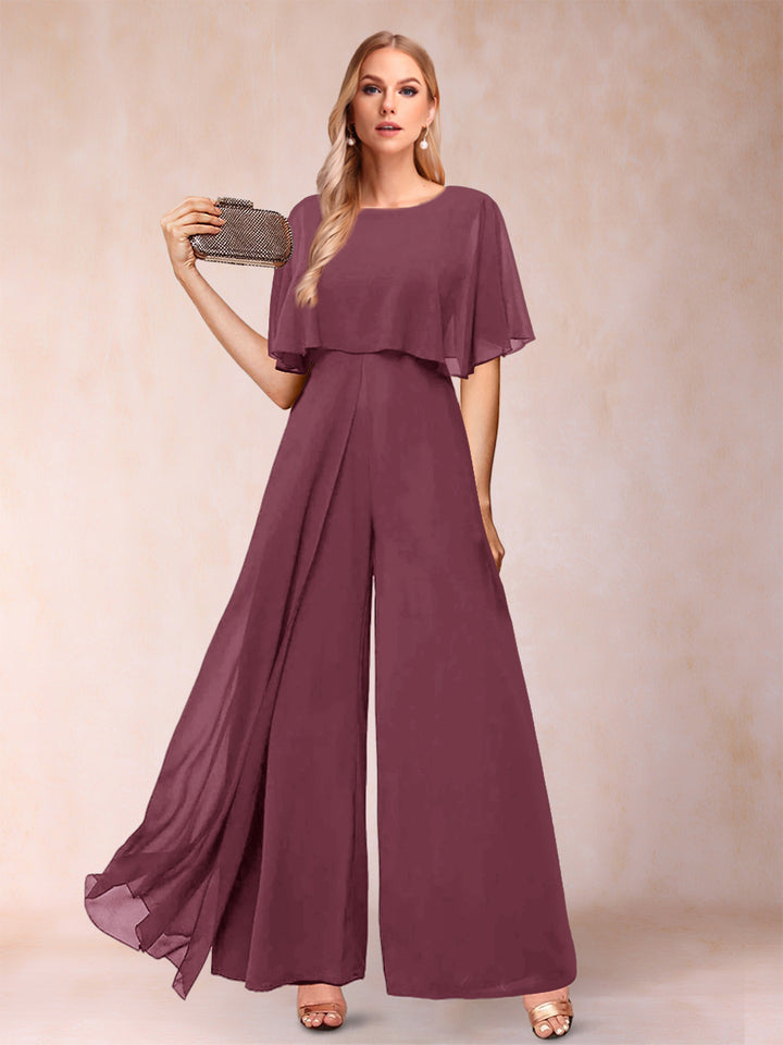 A-Line/Princess Scoop Short Sleeves Jumpsuits with Watteau Train