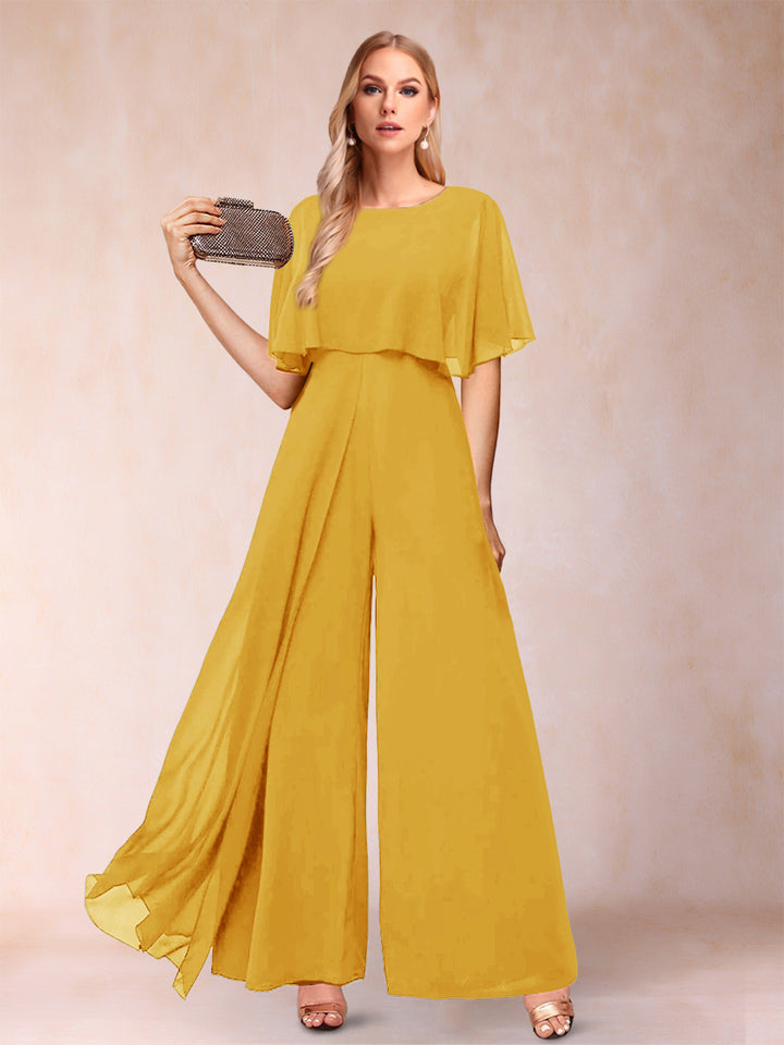 A-Line/Princess Scoop Short Sleeves Jumpsuits with Watteau Train