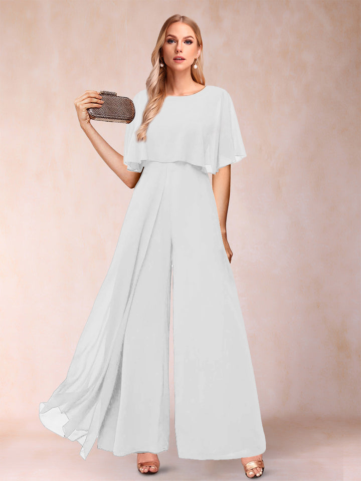 A-Line/Princess Scoop Short Sleeves Jumpsuits with Watteau Train