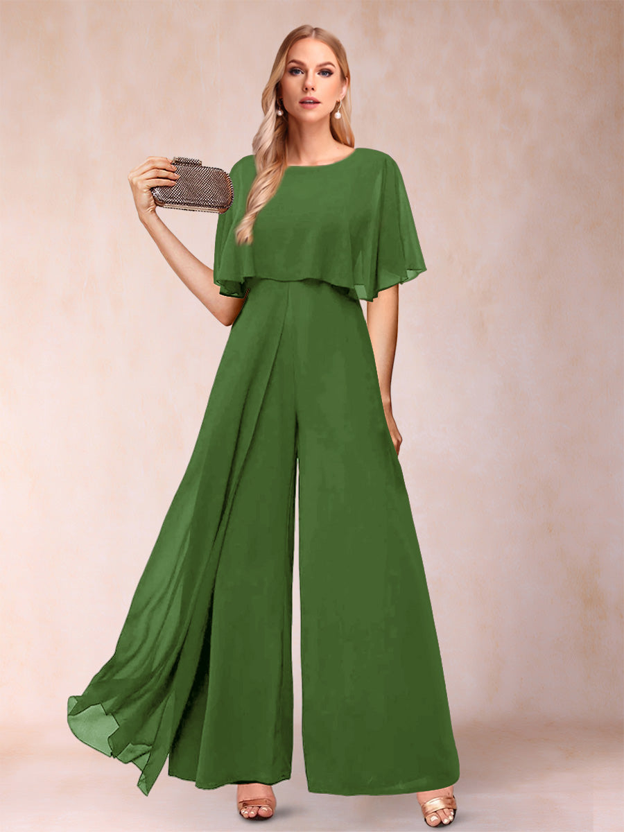 A-Line/Princess Scoop Short Sleeves Jumpsuits with Watteau Train