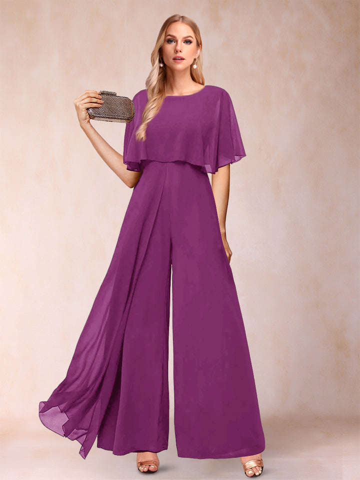 A-Line/Princess Scoop Short Sleeves Jumpsuits with Watteau Train