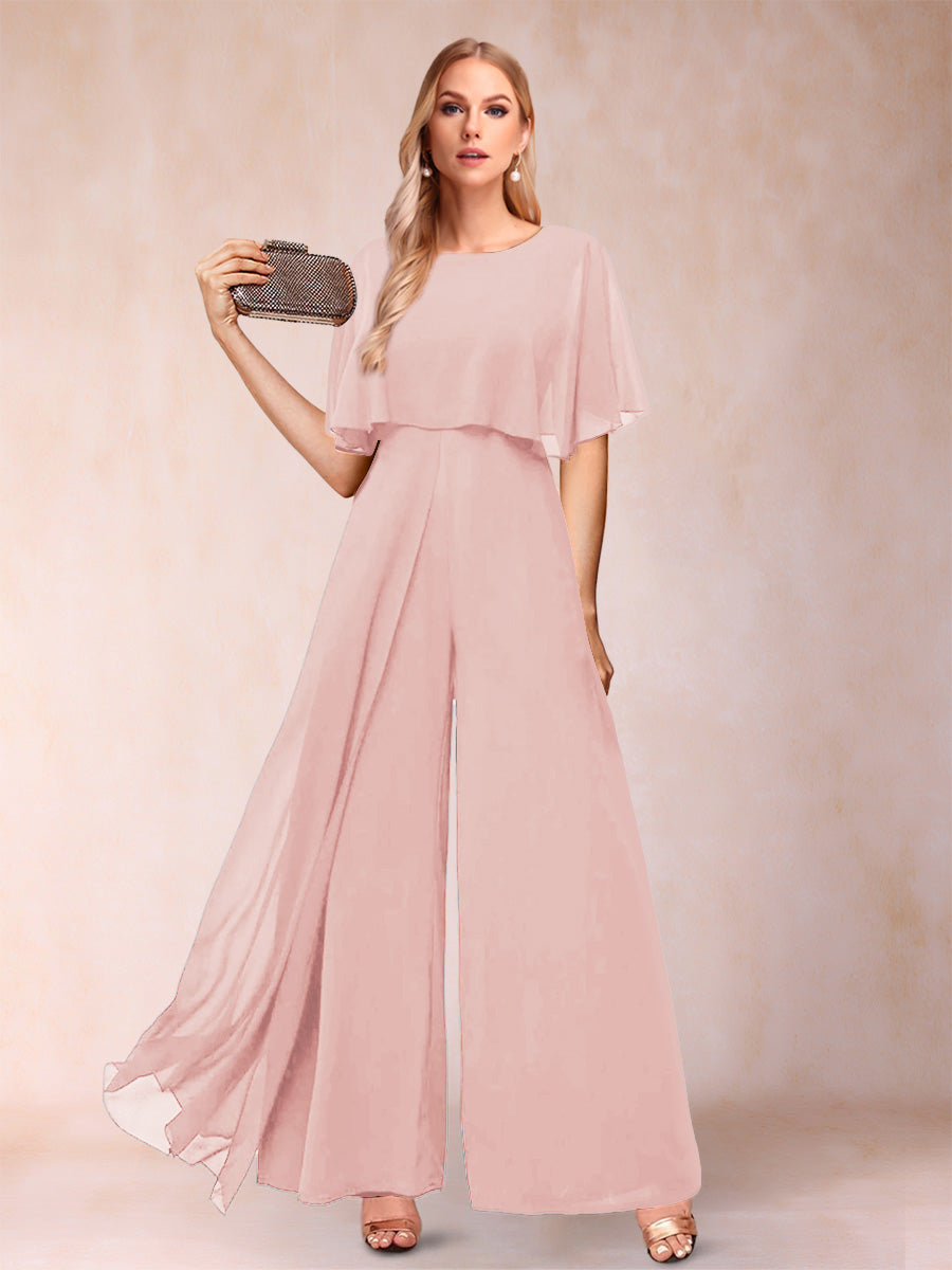 A-Line/Princess Scoop Short Sleeves Jumpsuits with Watteau Train