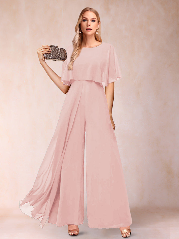 A-Line/Princess Scoop Short Sleeves Jumpsuits with Watteau Train