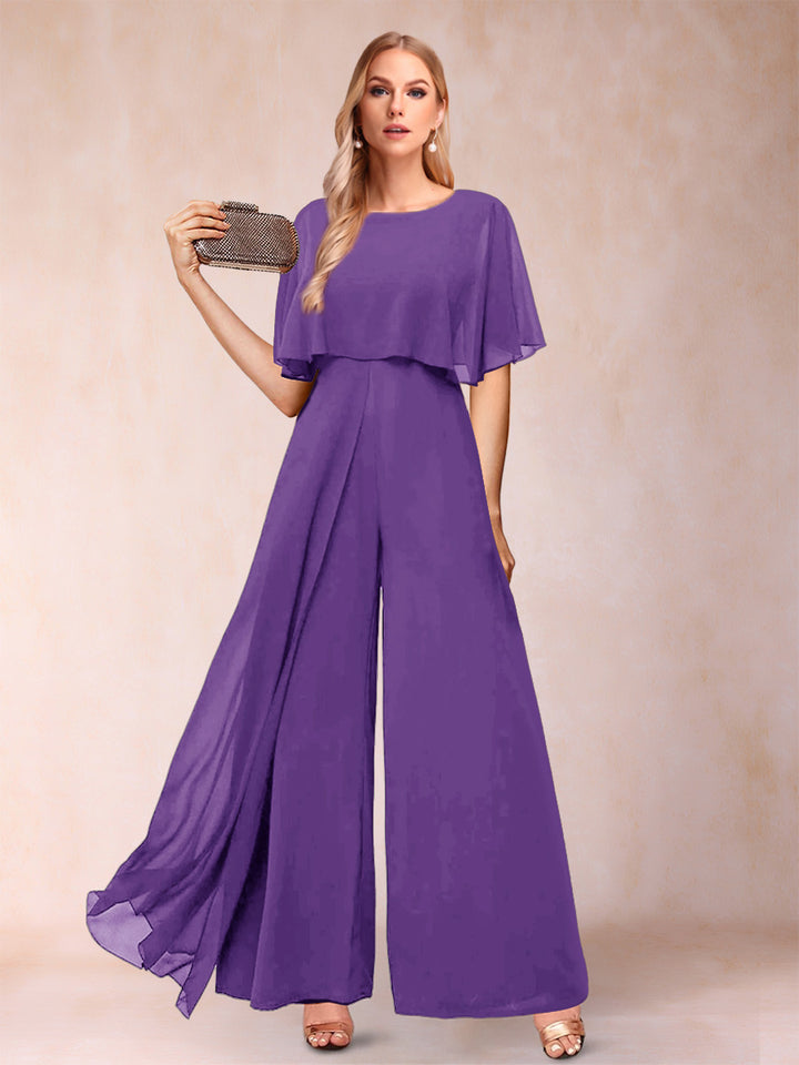 A-Line/Princess Scoop Short Sleeves Jumpsuits with Watteau Train