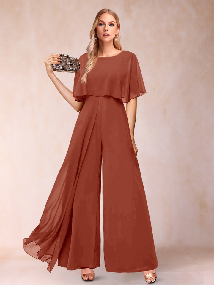 A-Line/Princess Scoop Short Sleeves Jumpsuits with Watteau Train