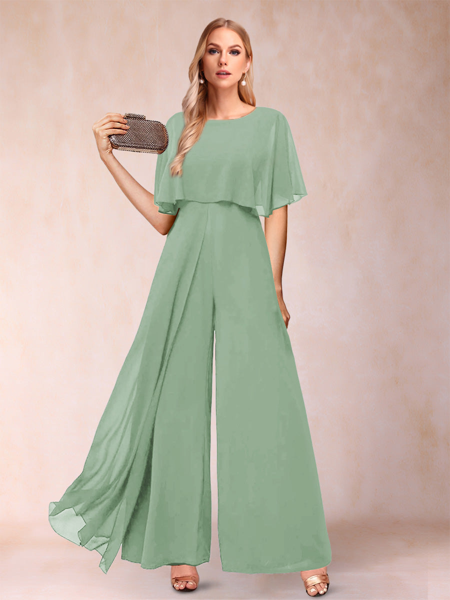 A-Line/Princess Scoop Short Sleeves Jumpsuits with Watteau Train
