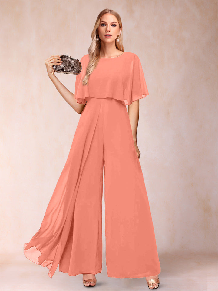 A-Line/Princess Scoop Short Sleeves Jumpsuits with Watteau Train