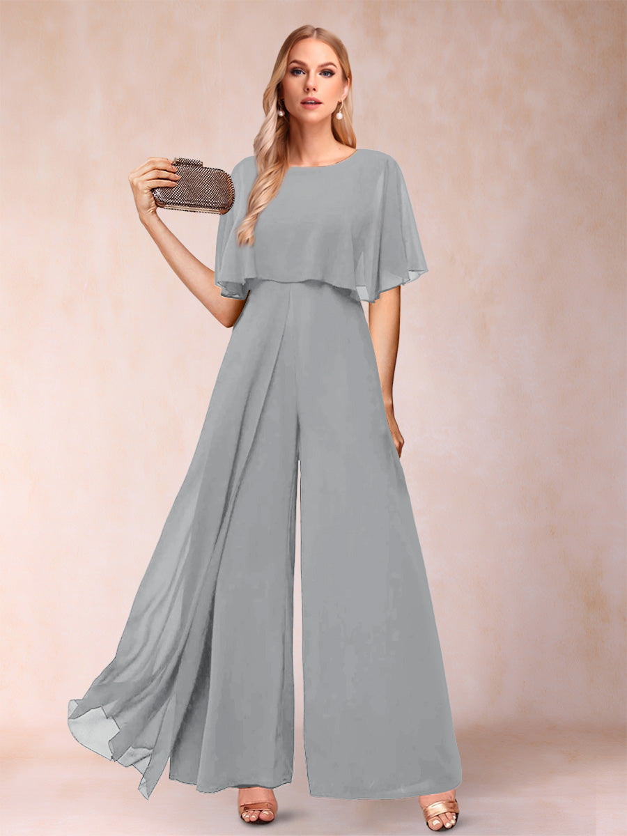 A-Line/Princess Scoop Short Sleeves Jumpsuits with Watteau Train