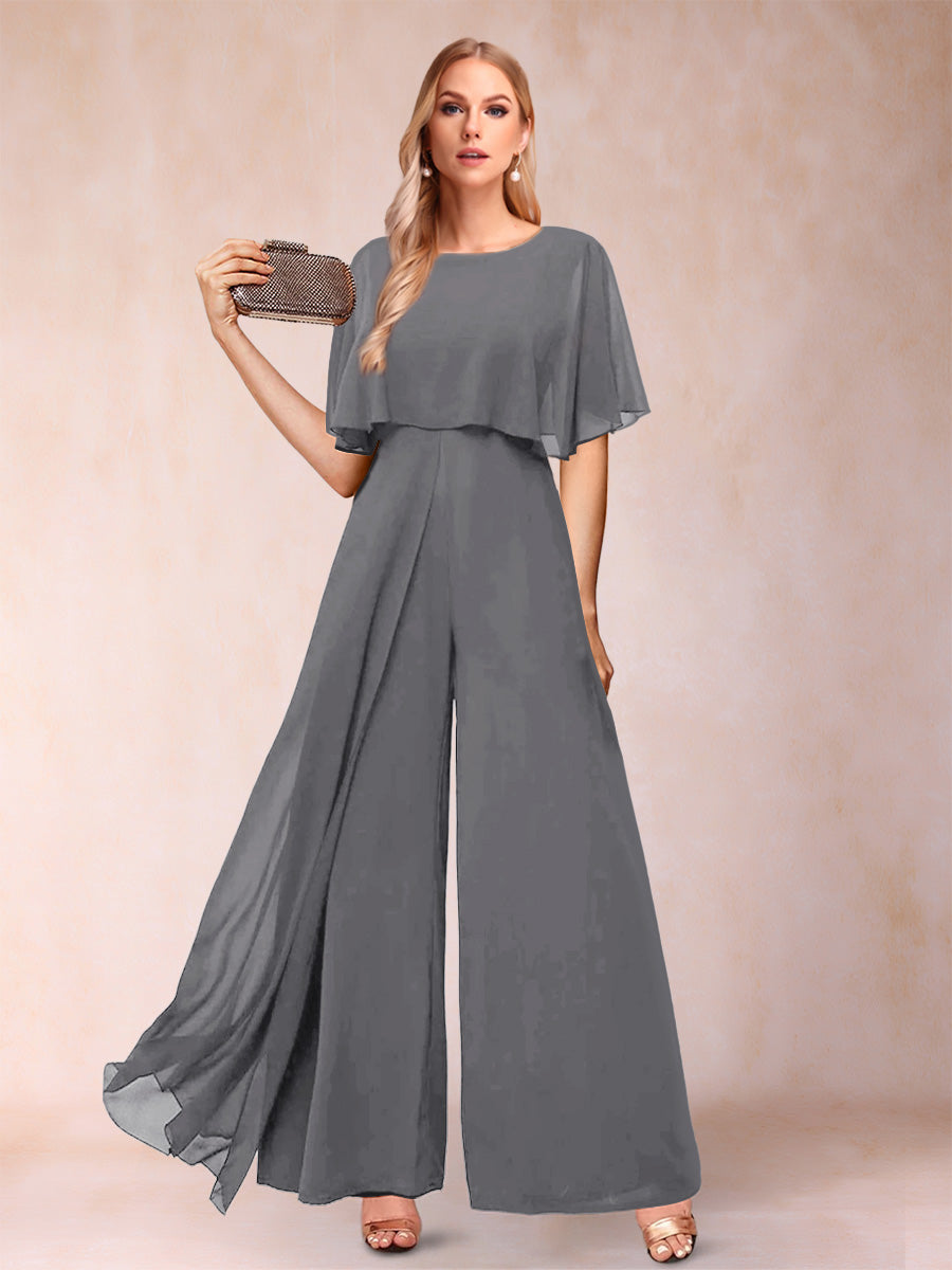 A-Line/Princess Scoop Short Sleeves Jumpsuits with Watteau Train