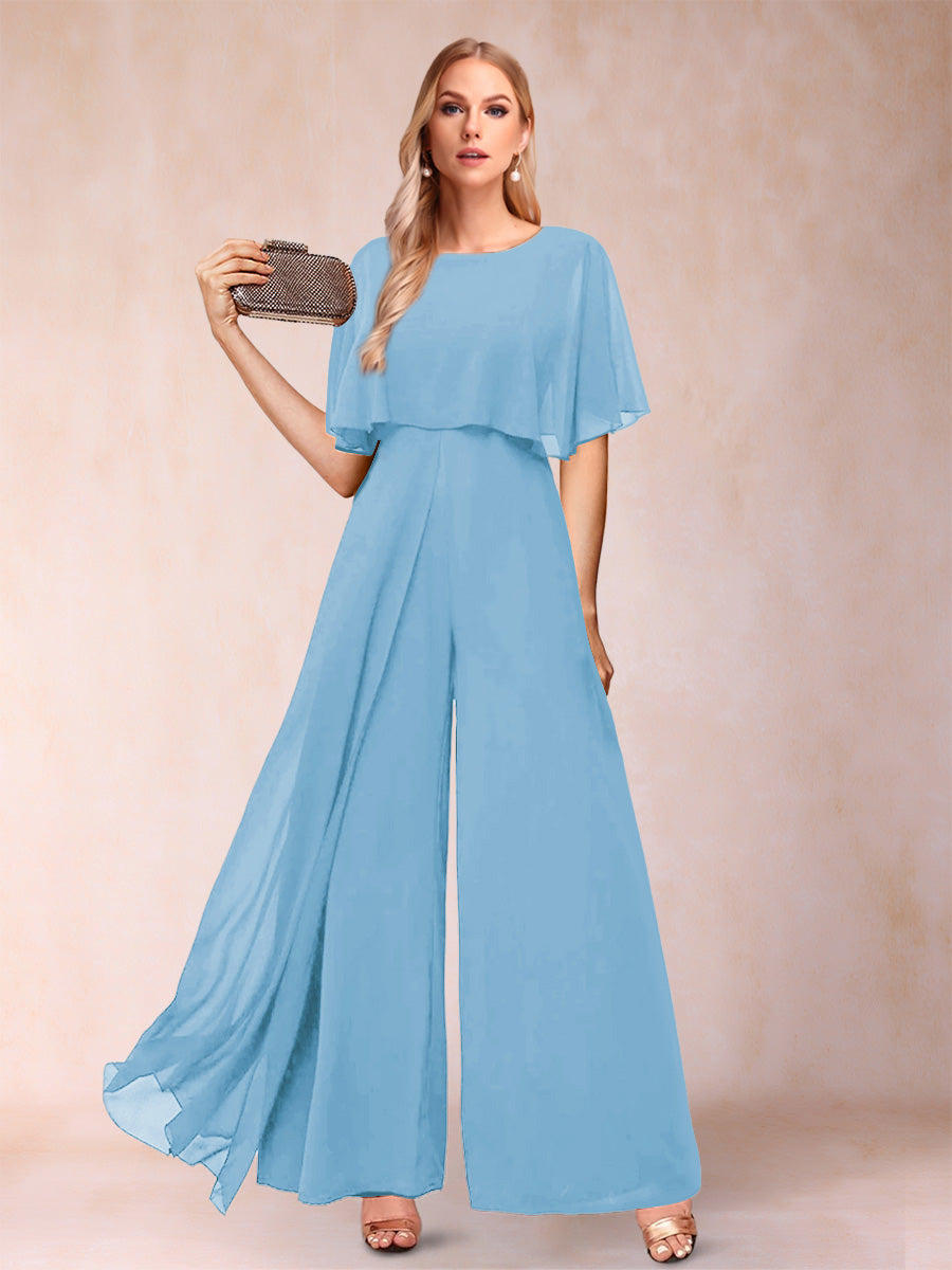 A-Line/Princess Scoop Short Sleeves Jumpsuits with Watteau Train