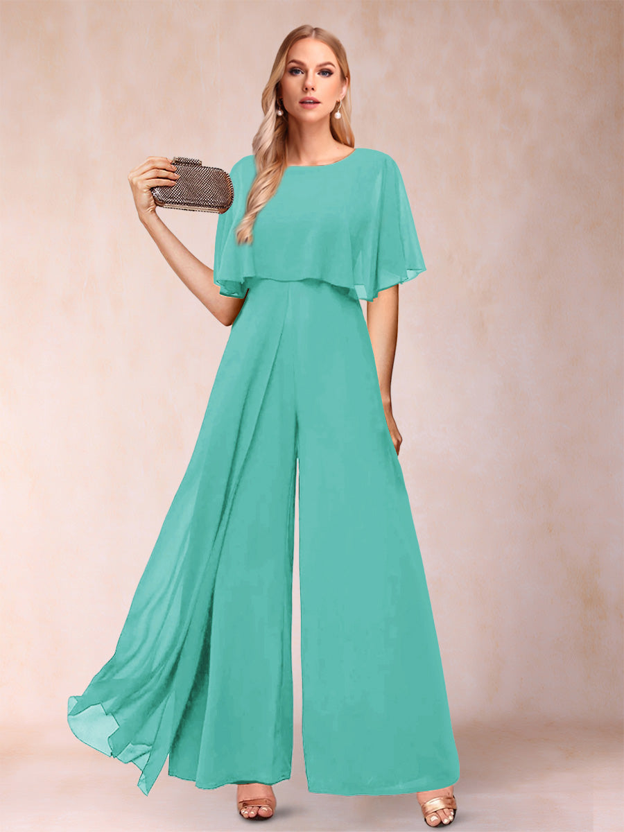 A-Line/Princess Scoop Short Sleeves Jumpsuits with Watteau Train