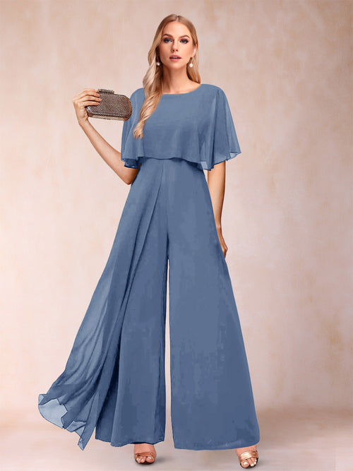 A-Line/Princess Scoop Short Sleeves Jumpsuits with Watteau Train