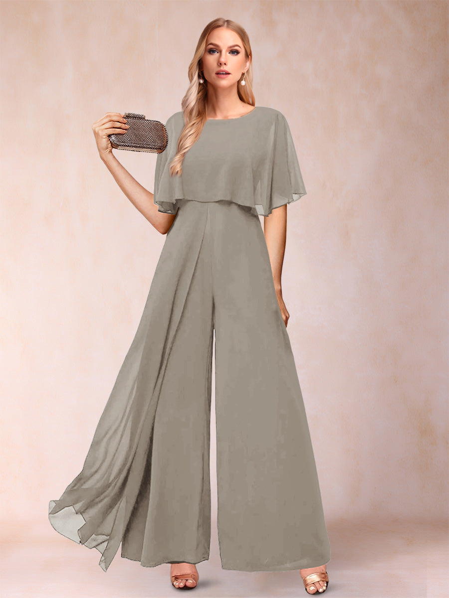A-Line/Princess Scoop Short Sleeves Jumpsuits with Watteau Train