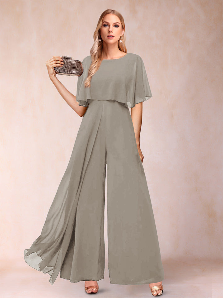 A-Line/Princess Scoop Short Sleeves Jumpsuits with Watteau Train