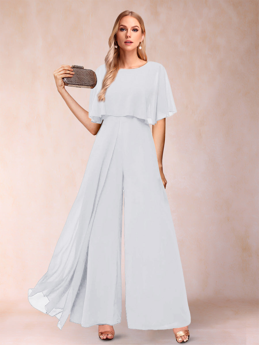 A-Line/Princess Scoop Short Sleeves Jumpsuits with Watteau Train