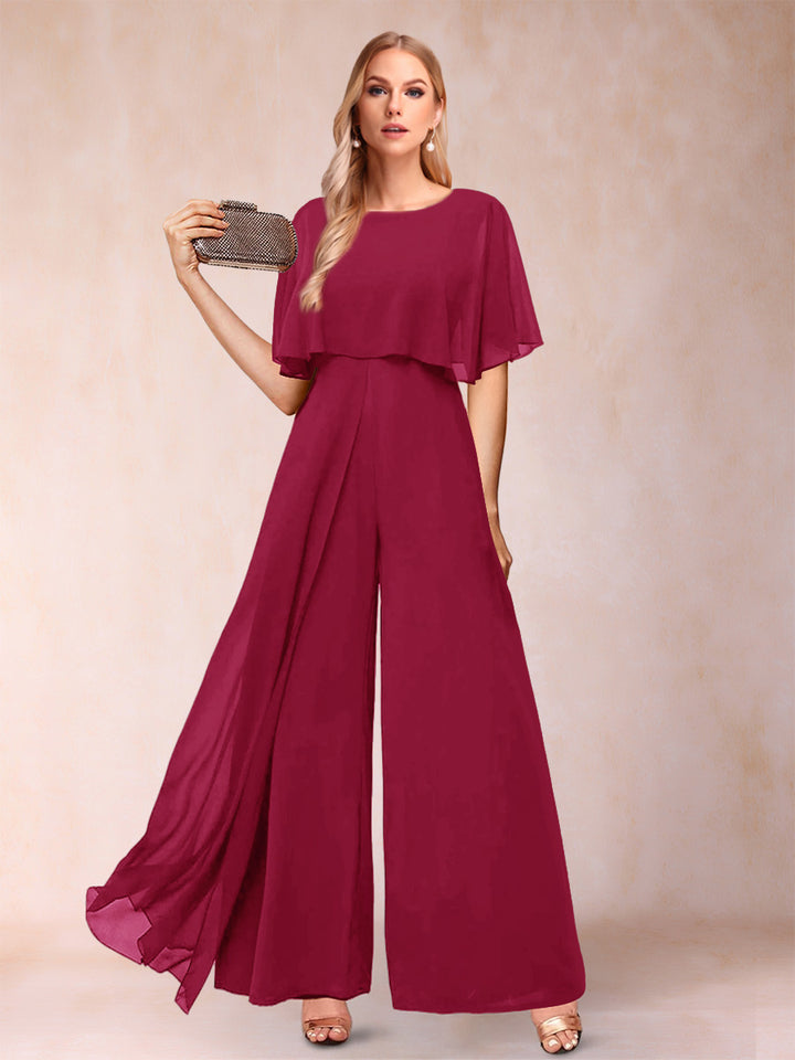 A-Line/Princess Scoop Short Sleeves Jumpsuits with Watteau Train