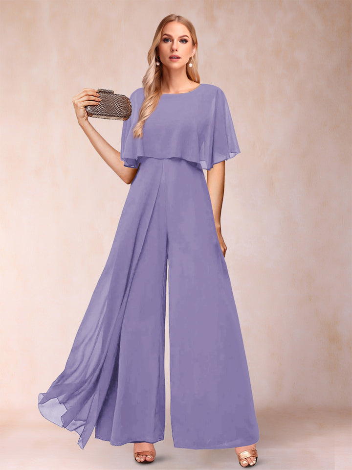 A-Line/Princess Scoop Short Sleeves Jumpsuits with Watteau Train