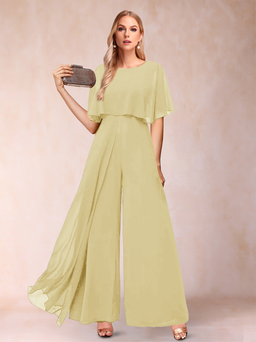 A-Line/Princess Scoop Short Sleeves Jumpsuits with Watteau Train
