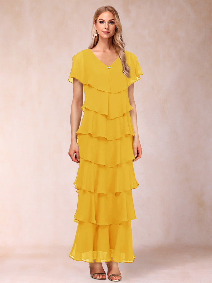 Sheath/Column V-Neck Short Sleeves Mother of the Bride Dresses with Ruffles