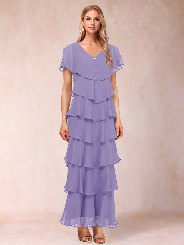 Sheath/Column V-Neck Short Sleeves Mother of the Bride Dresses with Ruffles