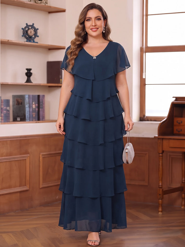 Sheath/Column V-Neck Short Sleeves Chiffon Ankle-Length Plus Size Mother of the Bride Dresses with Tiered&amp;Ruffles
