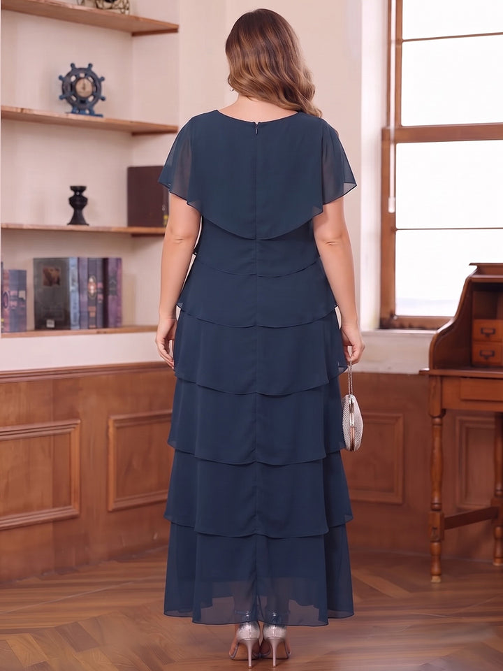 Sheath/Column V-Neck Short Sleeves Chiffon Ankle-Length Plus Size Mother of the Bride Dresses with Tiered&amp;Ruffles