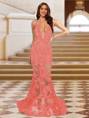 Trumpet/Mermaid V-Neck Sleeveless Evening Dresses with Applique